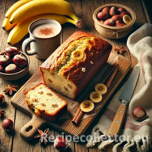 A cozy, rustic kitchen scene with a sliced banana chestnut quick bread featuring visible white chocolate chips. The bread rests on a wooden board surrounded by roasted chestnuts, ripe bananas, and a warm mug of chai. Soft natural light enhances the warm, inviting winter atmosphere.