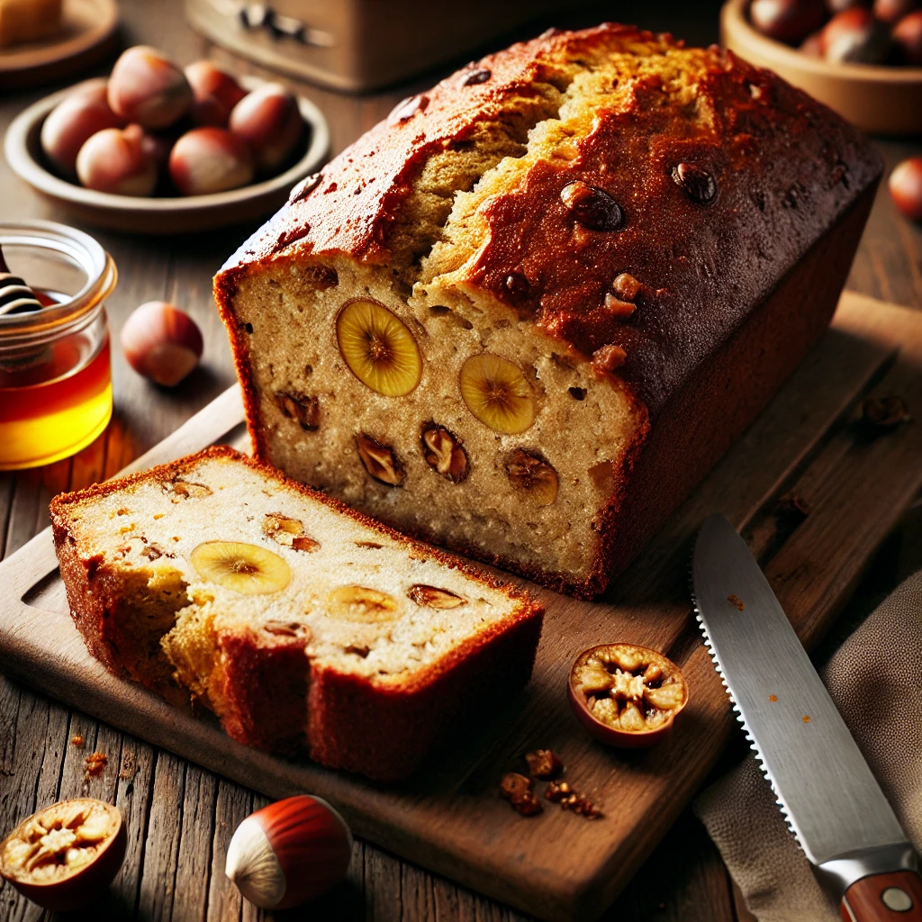 A freshly baked Banana Chestnut Quick Bread with a golden-brown crust and a moist, dense interior speckled with pieces of roasted chestnuts. The loaf is sliced, revealing its soft, nutty texture with hints of caramelized banana. It rests on a wooden cutting board atop a rustic wooden table, accompanied by a small dish of honey, whole chestnuts, and a butter knife. Warm, natural lighting enhances the inviting, homemade feel.
