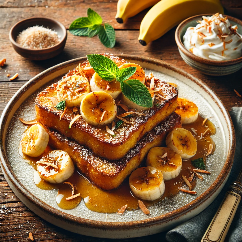 A beautifully plated dish of Banana & Coconut French Toast served on a rustic wooden table. The dish features thick slices of golden-brown French toast topped with caramelized bananas, toasted coconut flakes, and a drizzle of maple syrup. Garnished with a sprinkle of powdered sugar and fresh mint leaves. Served on a white ceramic plate with a side of whipped cream. The warm wooden table is more visible, providing a cozy and inviting setting.