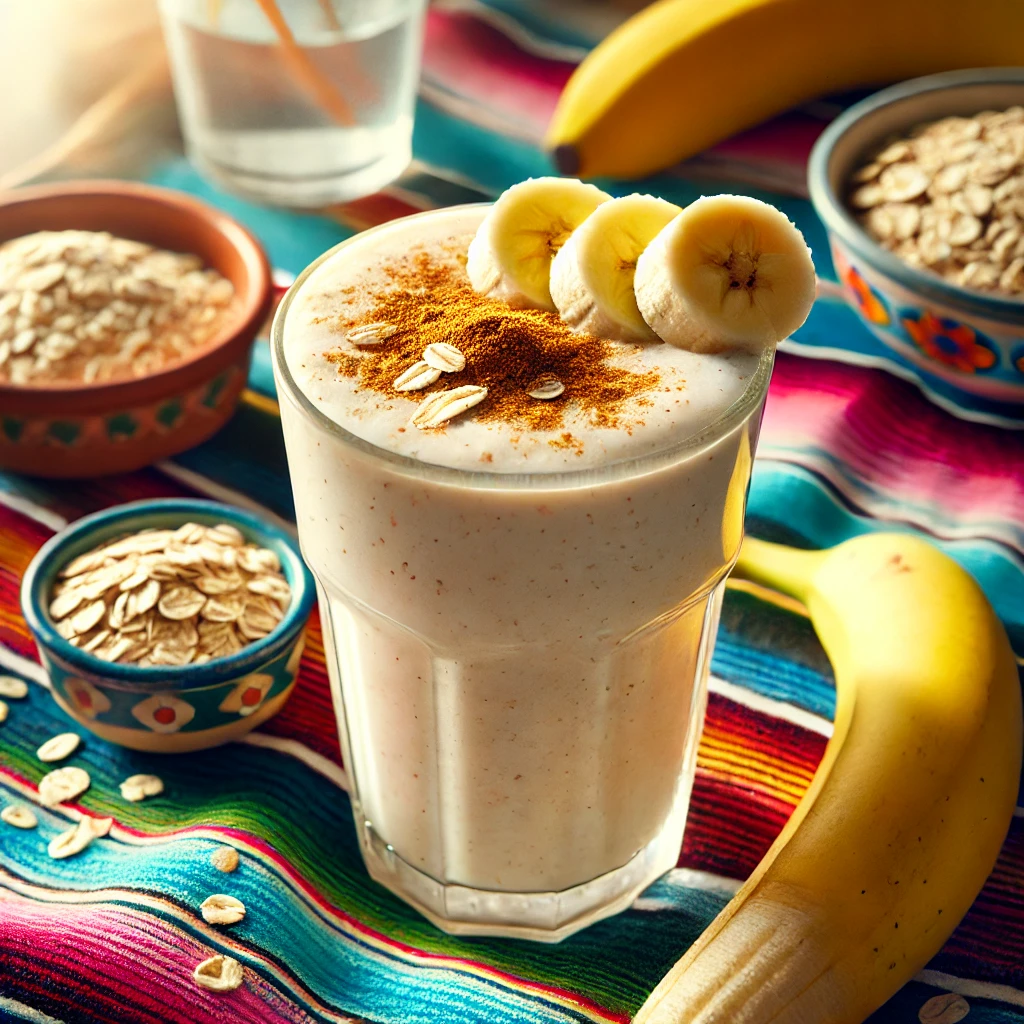 A vibrant and refreshing breakfast scene featuring a Banana Oat Energy Smoothie in a tall glass, garnished with banana slices, oats, and a sprinkle of cinnamon. The setup includes a colorful Mexican-style tablecloth, a small bowl of oats, a ripe banana, and a glass of water, illuminated by bright natural light to highlight its fresh and energizing appeal.