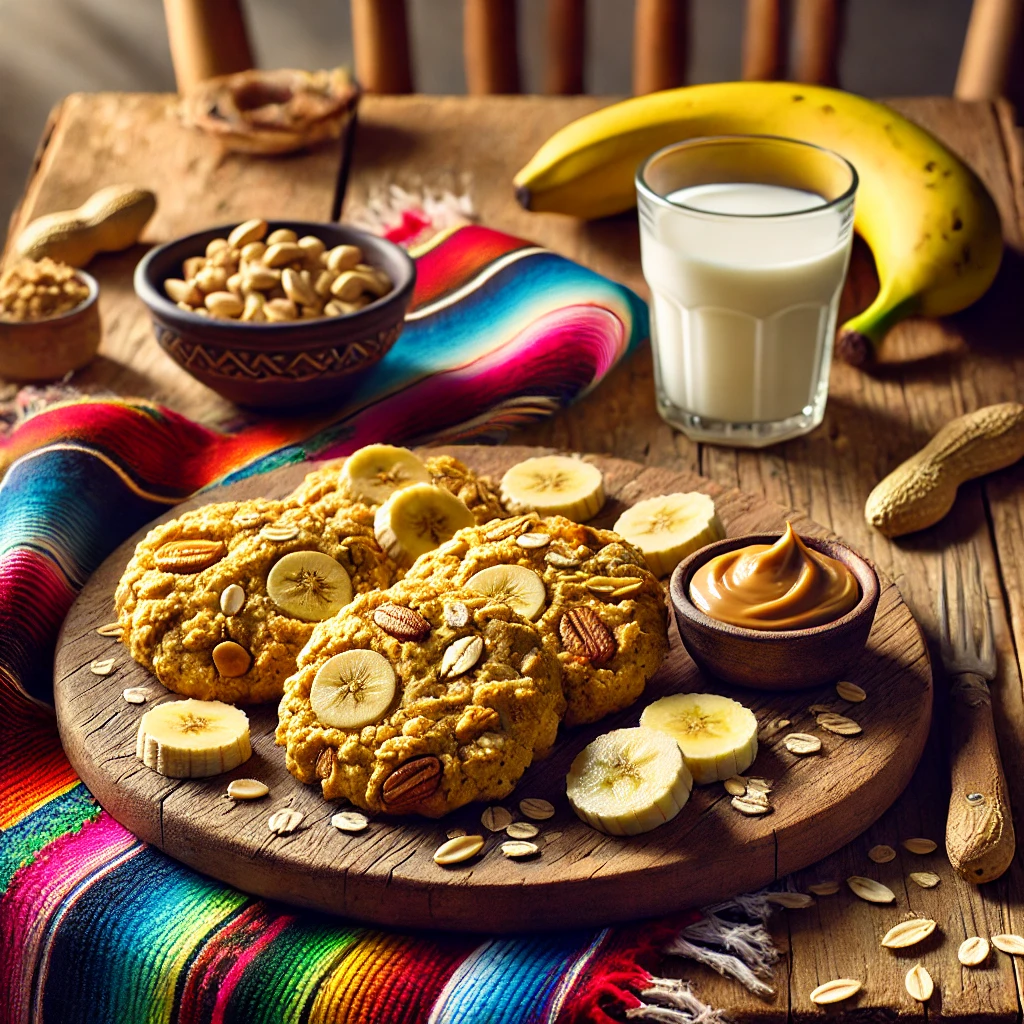 A vibrant and cozy scene featuring Banana Peanut Oat Breakfast Biscuits on a rustic wooden platter. The golden-brown biscuits are studded with oats, banana pieces, and peanut chunks. The setup includes a colorful Mexican-style tablecloth, a small bowl of peanut butter, a glass of milk, and a ripe banana, illuminated by bright natural light to create a warm and cheerful atmosphere.