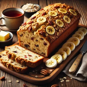 A beautifully plated loaf of Banana and Muesli Bread served on a rustic wooden table. The bread has a golden-brown crust with a soft, moist interior filled with mashed bananas, oats, dried fruits, and nuts. Topped with a crunchy muesli topping and lightly drizzled with honey. Sliced and arranged on a wooden cutting board, served with a side of butter and fresh banana slices. The warm wooden table is more visible, providing a cozy and inviting setting.