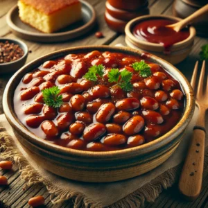 A hearty bowl of Barbecue Baked Beans in a rustic ceramic dish, slow-cooked in a rich, smoky barbecue sauce with a deep reddish-brown hue and a thick, glossy texture. Garnished with fresh parsley and black pepper, the dish sits on a rustic wooden table alongside a wooden spoon, a small bowl of barbecue sauce, and a side of cornbread. Warm, natural lighting enhances the inviting, homemade feel.
