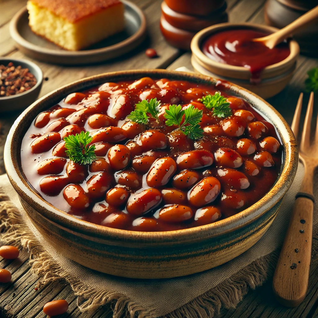 A hearty bowl of Barbecue Baked Beans in a rustic ceramic dish, slow-cooked in a rich, smoky barbecue sauce with a deep reddish-brown hue and a thick, glossy texture. Garnished with fresh parsley and black pepper, the dish sits on a rustic wooden table alongside a wooden spoon, a small bowl of barbecue sauce, and a side of cornbread. Warm, natural lighting enhances the inviting, homemade feel.