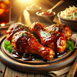 Barbecue Drumsticks on a rustic wooden platter, featuring juicy, grilled chicken drumsticks coated in smoky barbecue sauce with a caramelized glaze. Garnished with parsley, set on a wooden table with coleslaw and a glass of iced tea in the softly blurred background.