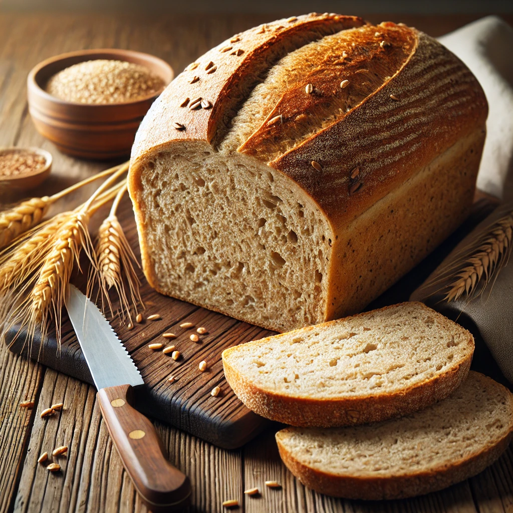 A freshly baked loaf of basic wholemeal bread on a rustic wooden table, featuring a golden-brown crust with a slightly rough texture and a soft, airy interior. A few slices are cut and placed beside the loaf, showing the hearty whole grain crumb. Scattered wheat grains and a wooden bread knife add to the homemade charm. Soft natural lighting enhances the warm, inviting tones.