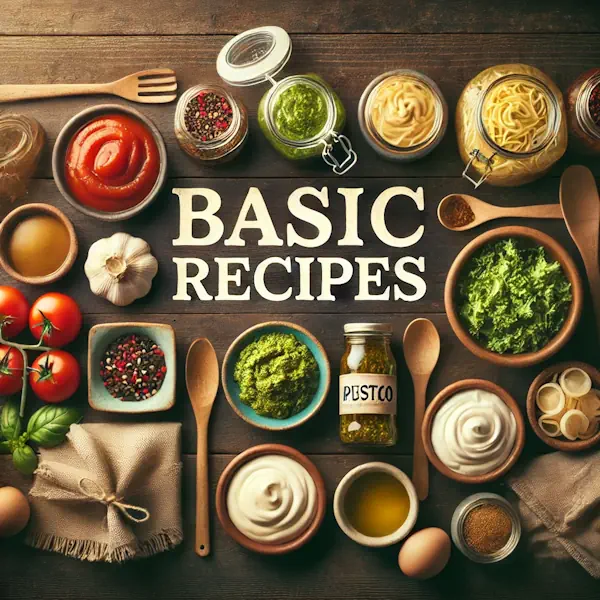 A rustic flat lay of basic cooking ingredients and sauces on a dark wooden table. Includes bowls and jars of tomato sauce, pesto, mayonnaise, mustard, and seasonings, along with fresh vegetables and kitchen tools. At the top, the text 'BASIC RECIPES' appears in bold cream-colored serif font, centered against the wooden background.