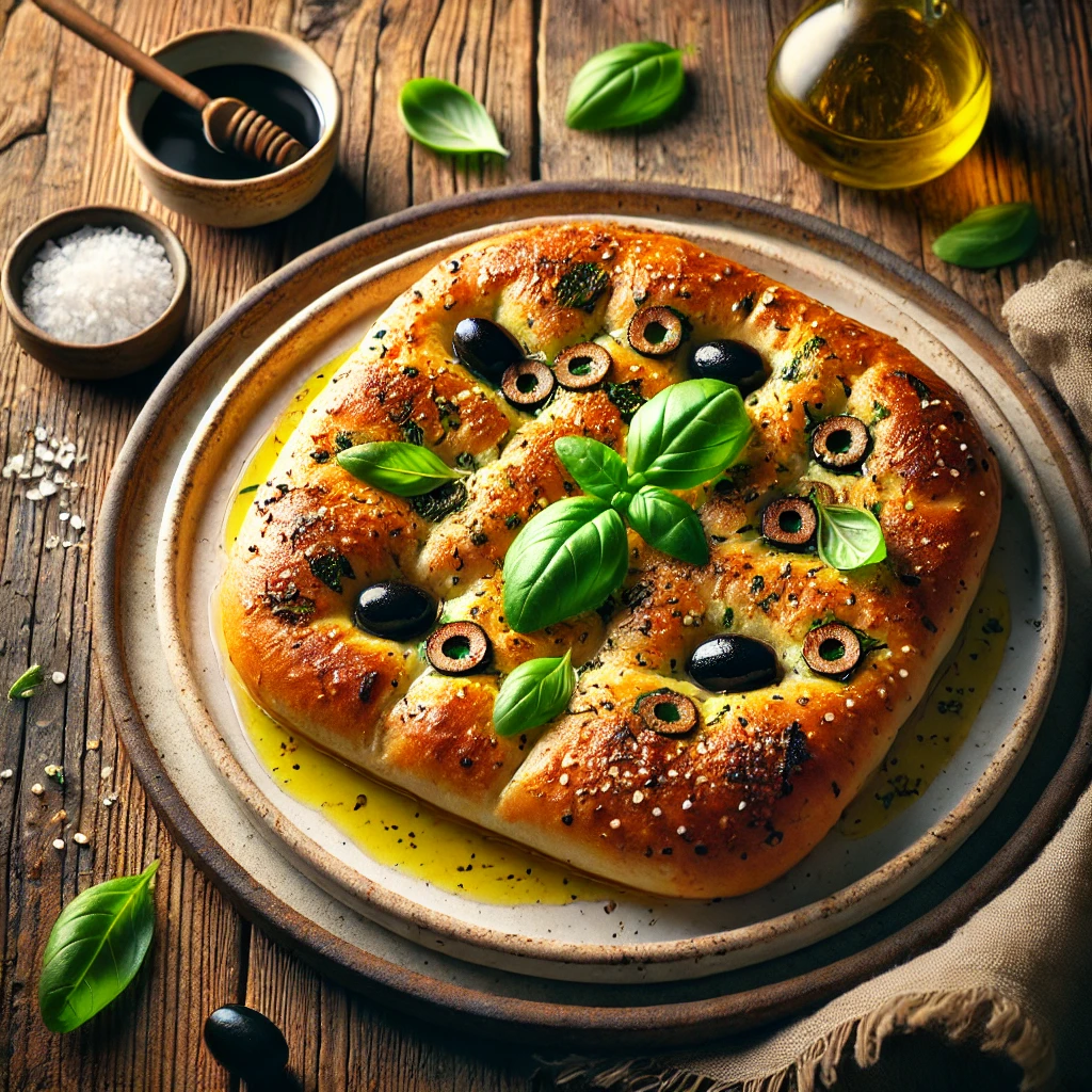 A beautifully plated Basil and Olive Focaccia served on a rustic wooden table. The dish features a golden, crispy focaccia with a fluffy interior, topped with fresh basil leaves and black olives. Drizzled with olive oil and lightly sprinkled with sea salt. Served on a white ceramic plate with a side of balsamic dip. The warm wooden table is more visible, providing a cozy and inviting setting.
