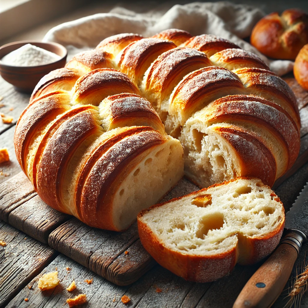 A freshly baked batch of bread on a rustic wooden table, featuring several golden-brown rolls baked together in a pull-apart style. The crust is crisp and slightly glossy, while the interior is soft and fluffy. A few rolls are separated to reveal the airy crumb inside, with scattered flour, a bread knife, and a wooden cutting board adding to the homemade charm. Soft natural lighting enhances the warm, inviting tones.