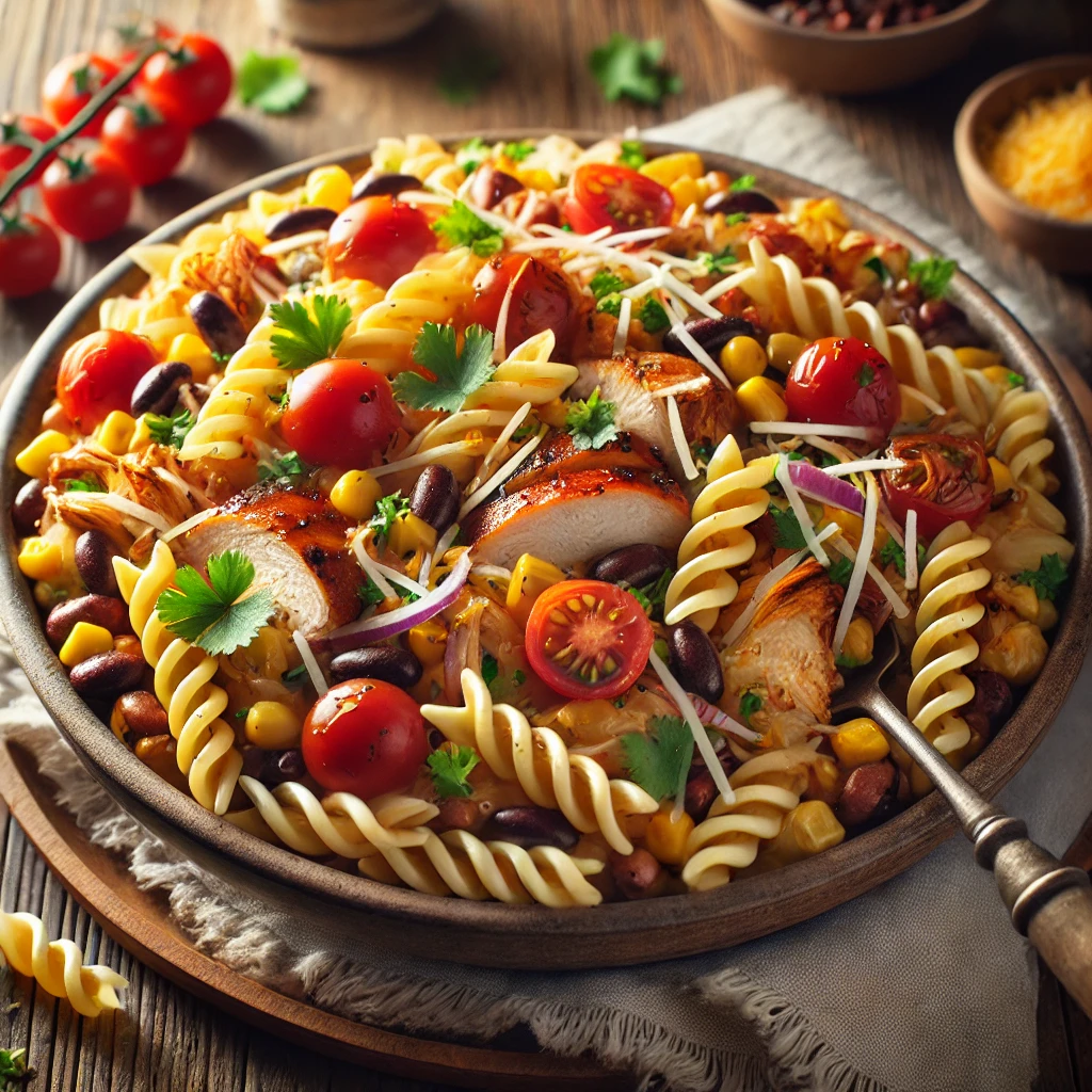 A bowl of BBQ chicken pasta salad with tender pasta, shredded barbecue chicken, cherry tomatoes, black beans, corn, and diced red onion on a rustic wooden table. Coated in smoky BBQ dressing and garnished with shredded cheddar cheese and chopped cilantro, with a serving spoon lifting a portion. A cozy napkin and wooden plate enhance the warm, inviting atmosphere.