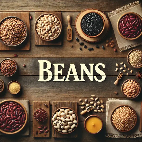 A rustic flat lay of beans on a medium-dark wooden table with horizontal planks. The scene shows kidney beans, black beans, chickpeas, and lentils in small bowls and scattered on the table, with a dish of cooked beans included. At the top, the word 'BEANS' is written in large cream-colored serif letters, centered and clearly visible.