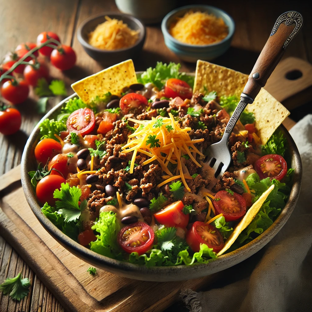 A bowl of beef taco salad with seasoned ground beef, crisp lettuce, cherry tomatoes, shredded cheddar cheese, black beans, and crunchy tortilla strips on a rustic wooden table. Drizzled with creamy dressing and garnished with fresh cilantro, with a serving spoon lifting a portion to showcase the vibrant ingredients. A cozy napkin and wooden plate enhance the warm, inviting atmosphere.