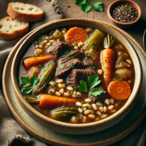 beautifully plated bowl of Beef & Barley Broth, featuring a rich, deep-brown beef stock filled with tender chunks of slow-cooked beef, pearl barley, and hearty root vegetables like carrots and celery. The bowl rests on a wooden table with soft, natural lighting highlighting the warm and rustic presentation.