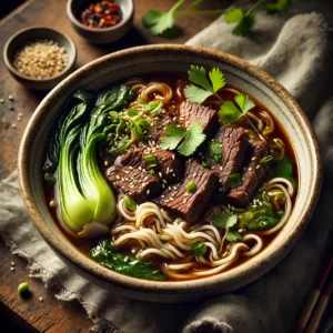 A beautifully plated bowl of beef and noodle broth, featuring a rich, aromatic broth infused with slow-cooked beef, tender noodles, and fresh vegetables like bok choy and scallions. The bowl rests on a wooden table with soft, natural lighting, highlighting the comforting and hearty presentation.