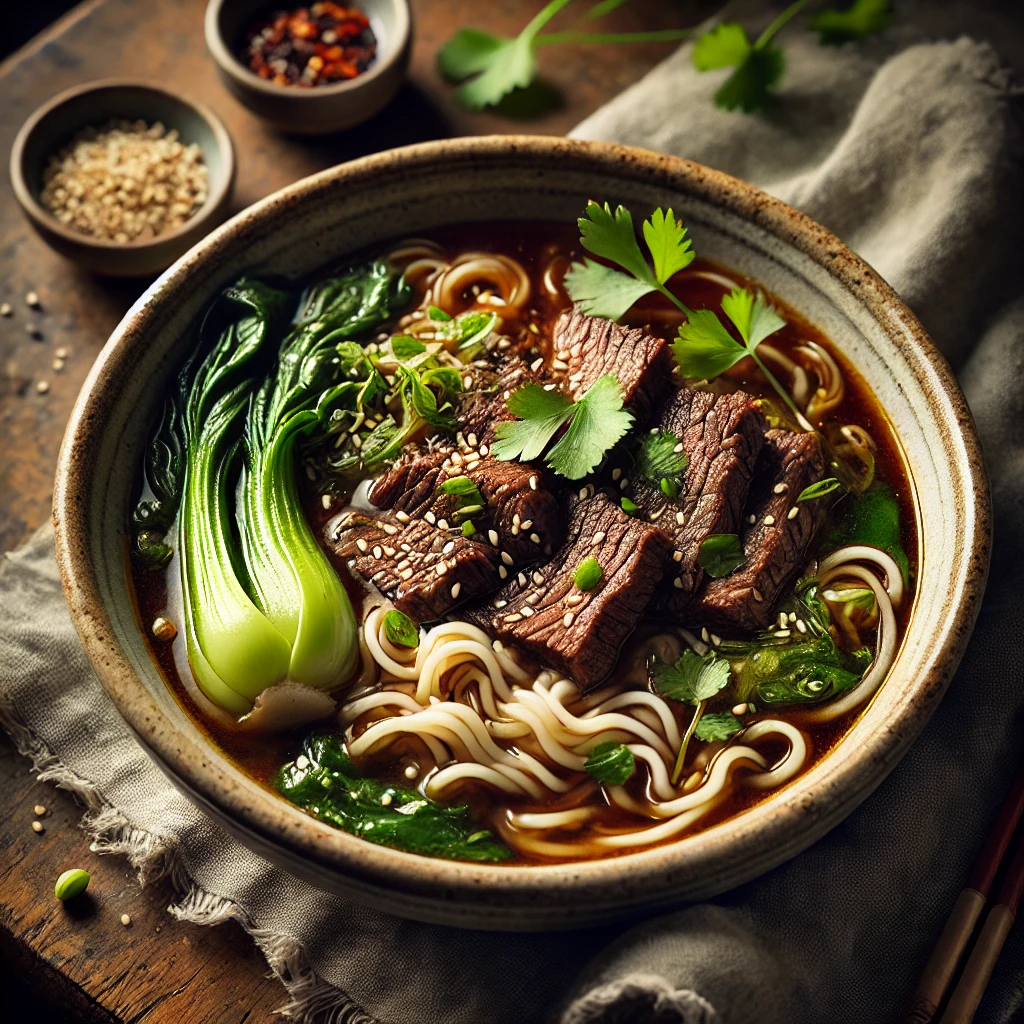 A beautifully plated bowl of beef and noodle broth, featuring a rich, aromatic broth infused with slow-cooked beef, tender noodles, and fresh vegetables like bok choy and scallions. The bowl rests on a wooden table with soft, natural lighting, highlighting the comforting and hearty presentation.