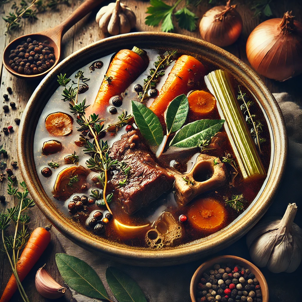 A beautifully plated bowl of Beef Stock, featuring a deep, rich brown broth infused with roasted beef bones, aromatic herbs, and vegetables. The stock has a glossy sheen with visible ingredients such as carrots, celery, onions, garlic, and bay leaves. Hints of black peppercorns and fresh thyme float on the surface. Served in a rustic ceramic bowl, the broth has a warm, inviting glow. Accompanied by a wooden ladle and fresh ingredients on the side, the setting rests on a wooden table with soft, natural lighting enhancing the comforting and hearty presentation.