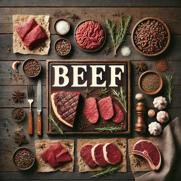 A rustic flat lay of beef on a medium-dark wooden table with horizontal planks. The scene includes steak, roast beef slices, and ground beef arranged on a wooden board with garnishes like herbs, garlic, and pepper. At the top, the word 'BEEF' is written in large cream-colored serif letters, centered and clearly visible.