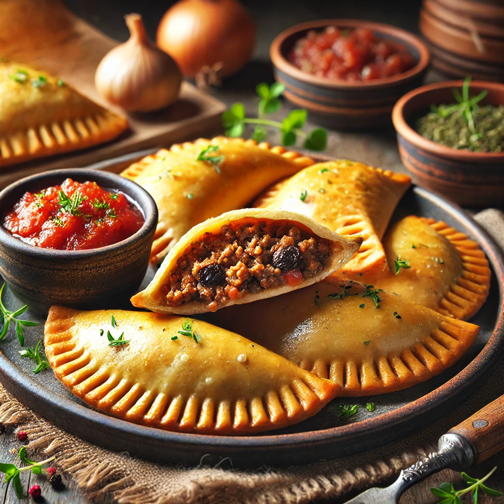 Homemade beef empanadas, golden and flaky, arranged on a rustic plate with a small bowl of salsa sauce on the side, garnished with fresh herbs. A cut-open empanada reveals a tender ground beef filling mixed with raisins and tomato paste. The cozy table setting features wooden elements, warm lighting, and subtle ingredients like onion and garlic in the background, enhancing the fresh, homemade ambiance.