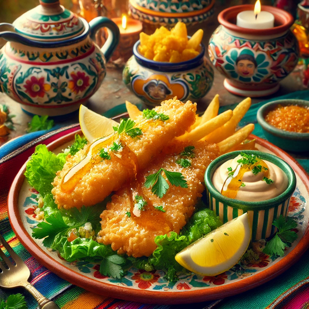 Knapperige bierbeslag-visfilets met honing-tartaarsaus, geserveerd op een kleurrijke schaal, gegarneerd met peterselie, citroen en verse kruiden.
