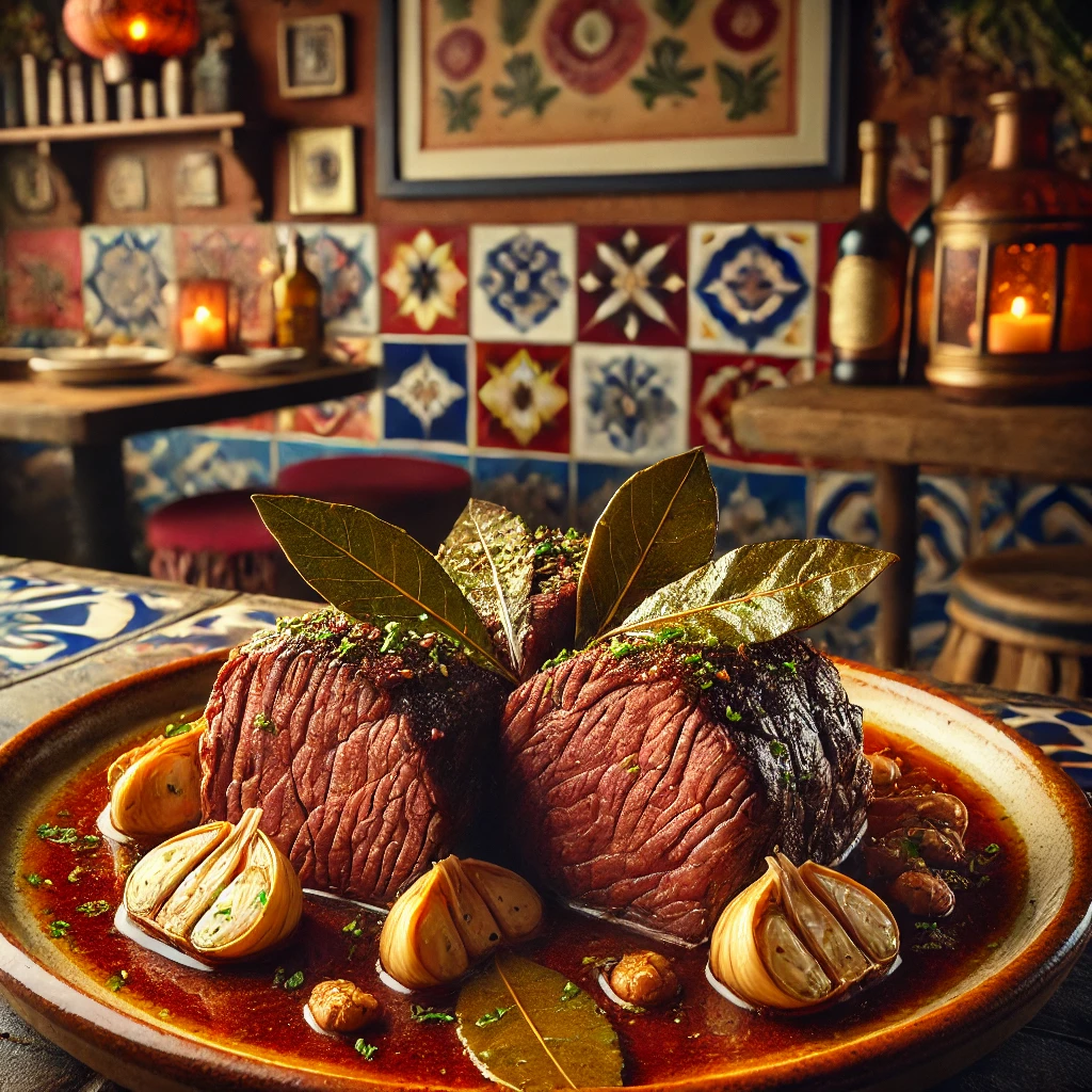 Beer-braised short loin with garlic and herbs, served in a cozy Mexican-style setting.