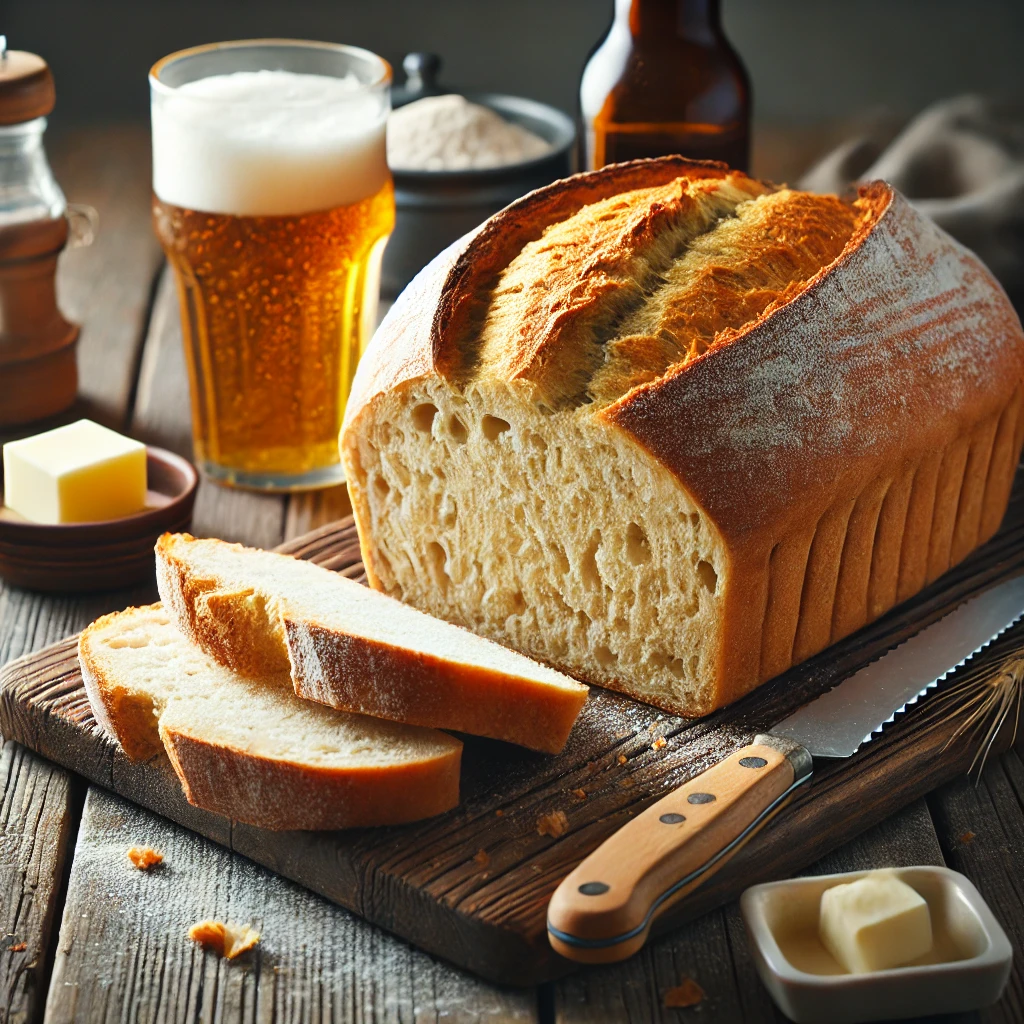 A freshly baked loaf of beer bread on a rustic wooden table, featuring a golden-brown crust with a slightly crisp texture and a soft, airy interior. A few slices are cut to reveal the light, fluffy crumb. The loaf rests on a wooden cutting board, with a butter knife, a small dish of butter, and a bottle of beer nearby. Scattered flour and crumbs add to the homemade charm. Soft natural lighting enhances the warm, inviting tones.