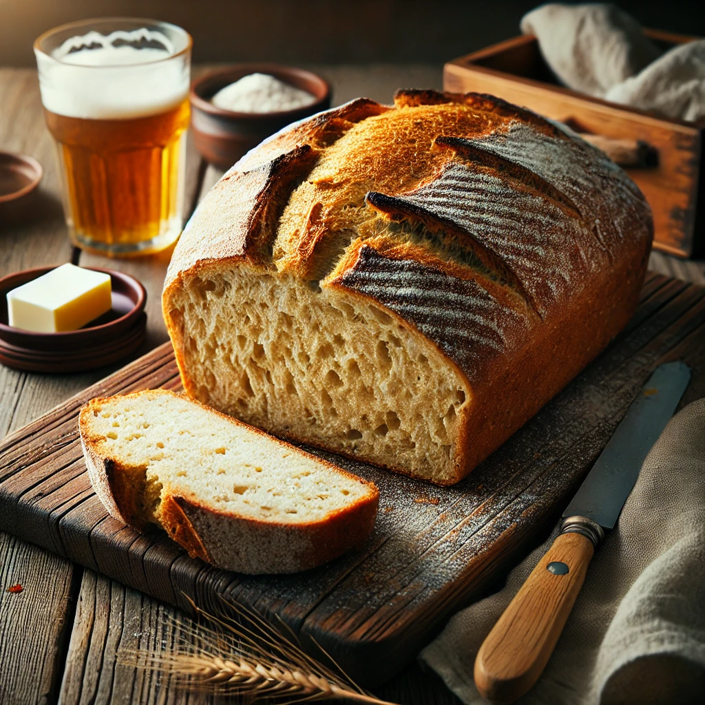 A freshly baked Beer Bread with a golden, crusty exterior and a soft, fluffy interior. The bread has a rustic, artisanal appearance with a slightly cracked surface and a dusting of flour on top. It rests on a wooden cutting board atop a rustic wooden table, with a few slices cut to reveal its airy, beer-infused crumb. A small dish of butter, a glass of beer, and a linen napkin complete the cozy presentation. Warm, natural lighting enhances the inviting, homemade feel.