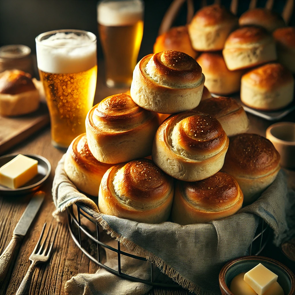 A batch of freshly baked Beer Rolls with a golden, fluffy texture and a slightly crisp crust. The rolls are subtly flavored with beer, giving them a light, airy rise and a hint of malted richness. They are arranged on a rustic wooden table, with some stacked in a basket and others cooling on a wire rack. A small glass of beer, a dish of butter, and a linen napkin complete the cozy presentation. Warm, natural lighting enhances the inviting, homemade feel.