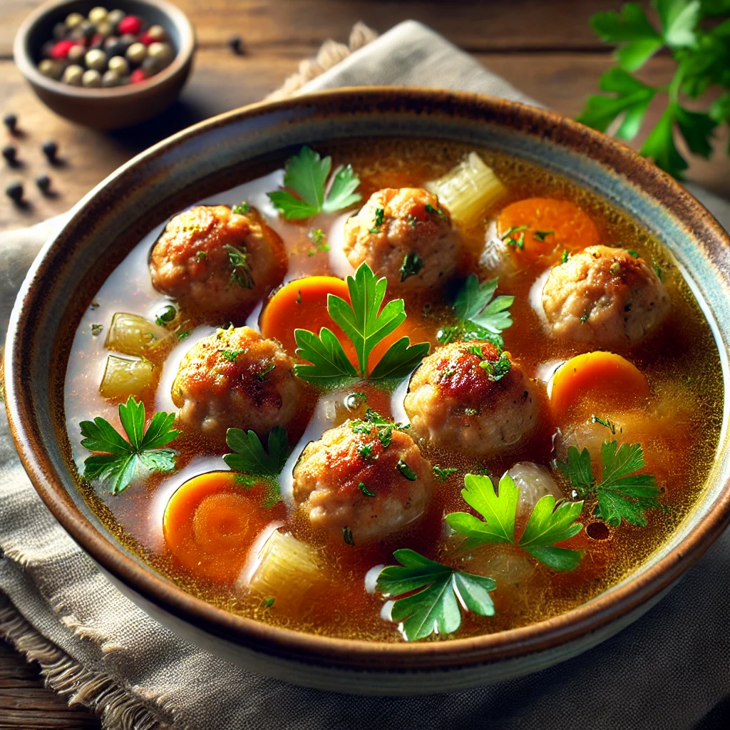 Beer broth with mini meatballs