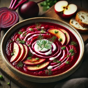 A beautifully plated bowl of Beetroot & Apple Soup, featuring a vibrant deep-red, velvety soup made from roasted beets and sweet apples. The soup is served in a rustic ceramic bowl, garnished with a swirl of cream, fresh dill, and a few thin apple slices. The bold red color of the soup contrasts beautifully with the white cream and green herbs. Accompanied by a slice of crusty bread on the side, the bowl rests on a wooden table with soft, natural lighting enhancing the warm and inviting presentation.