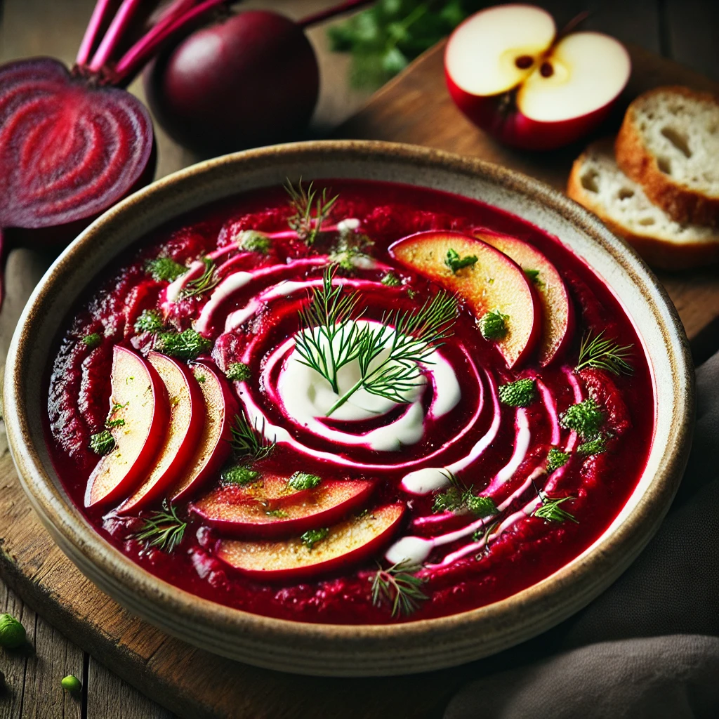 A beautifully plated bowl of Beetroot & Apple Soup, featuring a vibrant deep-red, velvety soup made from roasted beets and sweet apples. The soup is served in a rustic ceramic bowl, garnished with a swirl of cream, fresh dill, and a few thin apple slices. The bold red color of the soup contrasts beautifully with the white cream and green herbs. Accompanied by a slice of crusty bread on the side, the bowl rests on a wooden table with soft, natural lighting enhancing the warm and inviting presentation.
