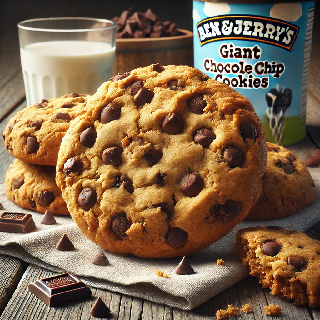 A stack of Ben & Jerry’s giant chocolate chip cookies sits on a rustic wooden table. The cookies are golden brown with gooey, melted chocolate chips visible throughout. A few broken cookie pieces reveal a soft, chewy texture. Scattered chocolate chips and crumbs surround the cookies, and a small glass of milk sits nearby. Soft natural light highlights the cookies' texture, creating a cozy, homemade atmosphere