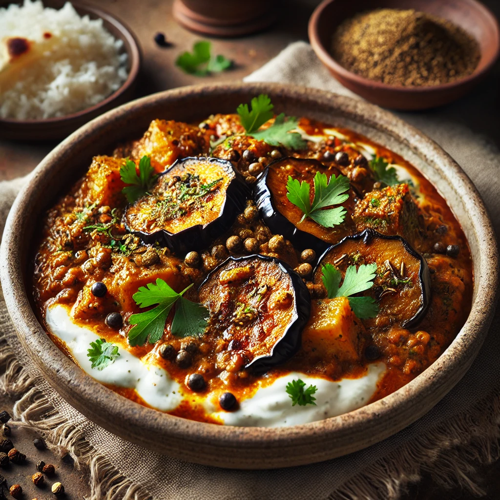 A beautifully plated dish of Aubergine Cooked with Crushed Mustard Seeds and Yoghurt, featuring tender, golden-brown eggplant cubes simmered in a rich mustard-infused sauce with a creamy yoghurt finish. The dish has deep earthy tones with hints of black mustard seeds, panchphoran, and cardamom. Garnished with fresh coriander and a sprinkle of ground black pepper, it is served in a rustic ceramic bowl. Accompanied by warm naan or basmati rice, the bowl rests on a wooden table with soft, natural lighting enhancing the inviting and flavorful presentation.