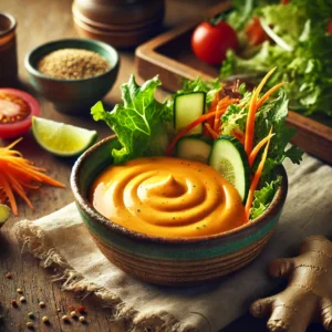 A small rustic ceramic bowl of Benihana’s ginger salad dressing sits on a wooden table. The dressing is bright orange and creamy, with flecks of fresh ginger and spices visible. Surrounding the bowl are fresh salad ingredients, including mixed greens, shredded carrots, sliced cucumbers, and cherry tomatoes. A piece of fresh ginger, a lime wedge, and a folded linen napkin enhance the cozy and inviting presentation. Soft natural light highlights the dressing’s vibrant color and creamy texture, creating a fresh and appetizing atmosphere.