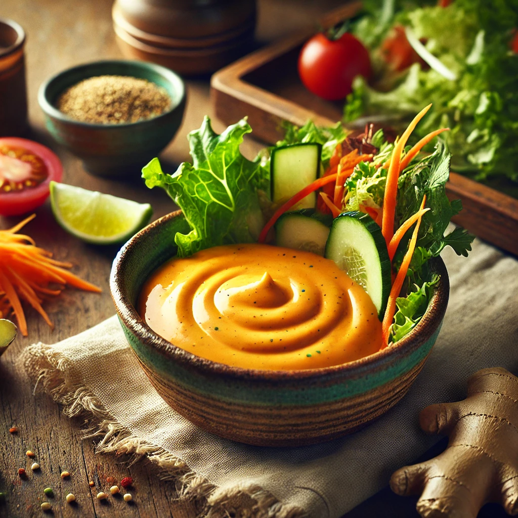 A small rustic ceramic bowl of Benihana’s ginger salad dressing sits on a wooden table. The dressing is bright orange and creamy, with flecks of fresh ginger and spices visible. Surrounding the bowl are fresh salad ingredients, including mixed greens, shredded carrots, sliced cucumbers, and cherry tomatoes. A piece of fresh ginger, a lime wedge, and a folded linen napkin enhance the cozy and inviting presentation. Soft natural light highlights the dressing’s vibrant color and creamy texture, creating a fresh and appetizing atmosphere.