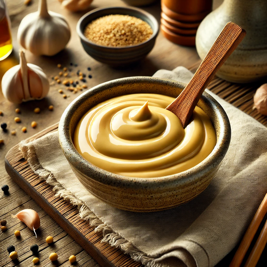 A small rustic ceramic bowl of Benihana's Magic Mustard Sauce sits on a wooden table. The sauce is creamy and light golden, with a smooth, glossy texture. A small wooden spoon coated with the sauce rests beside the bowl. Surrounding the setup are mustard seeds, garlic cloves, soy sauce, and sesame seeds, hinting at the sauce's ingredients. A folded linen napkin adds a cozy touch, while soft natural light highlights the creamy texture and rustic charm of the scene.