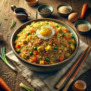 A rustic ceramic bowl filled with golden brown Benihana-style fried rice sits on a wooden table. The rice is mixed with colorful diced carrots, chopped onions, scallions, scrambled eggs, and toasted sesame seeds. Garnishes include extra sesame seeds and scallions, with wooden chopsticks resting on the edge of the bowl. Surrounding the bowl are small ramekins with soy sauce, sesame seeds, and scallions, adding to the fresh and inviting presentation.