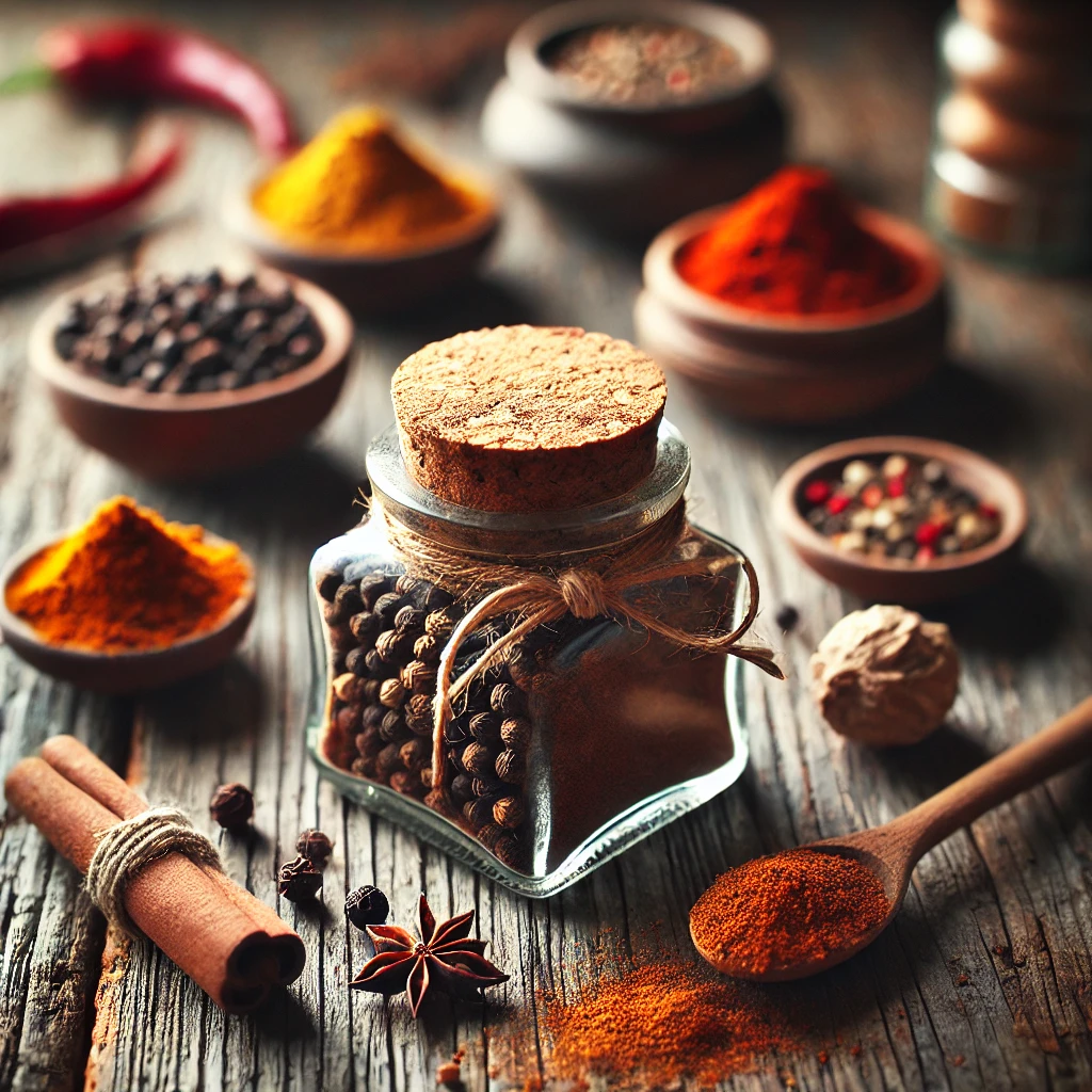 Berbere Spice Blend displayed in a small glass jar with a cork lid on a rustic wooden table. Surrounding the jar are small bowls of whole cloves, black peppercorns, ancho chile powder, smoked paprika, ground ginger, turmeric, cinnamon, and salt. A wooden spoon and scattered toasted spices complete the scene, highlighted by soft natural lighting for a warm and aromatic presentation.
