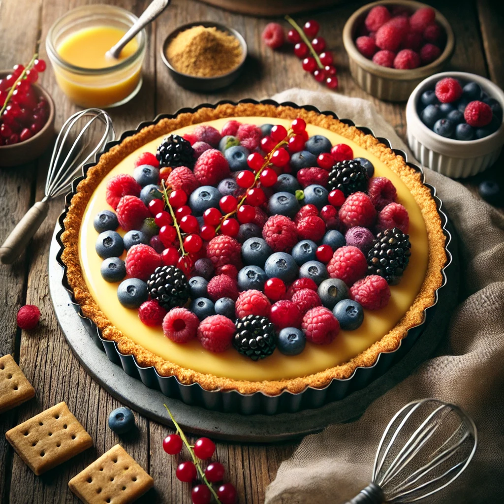 A vibrant and elegant fruit tart with a golden graham cracker crust, filled with smooth custard and topped with a colorful assortment of fresh berries, including raspberries, blueberries, blackberries, and currants. The tart is presented on a rustic wooden table, surrounded by small bowls of fresh berries and baking ingredients, with soft, natural lighting emphasizing its gourmet and inviting appeal.