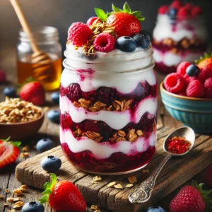 A beautifully layered Greek yogurt parfait in a mason jar, showcasing creamy yogurt, a vibrant maqui berry compote made with raspberries, strawberries, and blueberries, and crunchy granola. The parfait is topped with a drizzle of honey and surrounded by fresh berries and a small bowl of granola on a rustic wooden table, highlighted by soft and inviting lighting.