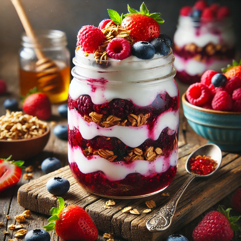 A beautifully layered Greek yogurt parfait in a mason jar, showcasing creamy yogurt, a vibrant maqui berry compote made with raspberries, strawberries, and blueberries, and crunchy granola. The parfait is topped with a drizzle of honey and surrounded by fresh berries and a small bowl of granola on a rustic wooden table, highlighted by soft and inviting lighting.
