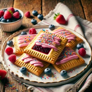 A beautifully plated batch of Berry Pop Tarts served on a rustic wooden table. The pop tarts have a golden, flaky pastry crust filled with a vibrant berry jam. Topped with a light pink icing drizzle and sprinkled with colorful sugar crystals. Arranged on a white ceramic plate with a side of fresh berries. The warm wooden table is more visible, providing a cozy and inviting setting.