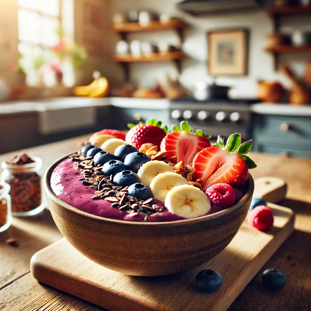 A vibrant açai bowl topped with sliced strawberries, blueberries, banana slices, cacao nibs, and toasted almonds, served in a cozy, well-lit kitchen. The kitchen has a warm and inviting atmosphere with soft natural light. The colorful ingredients of the açai bowl are neatly arranged, creating a fresh and healthy presentation.