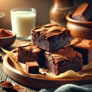 The Best Brownies on a rustic wooden platter, featuring rich, fudgy brownies with a crackly top and a moist, gooey interior. Lightly dusted with cocoa powder, set on a wooden table with a glass of milk and a bowl of extra cocoa powder in the softly blurred background.
