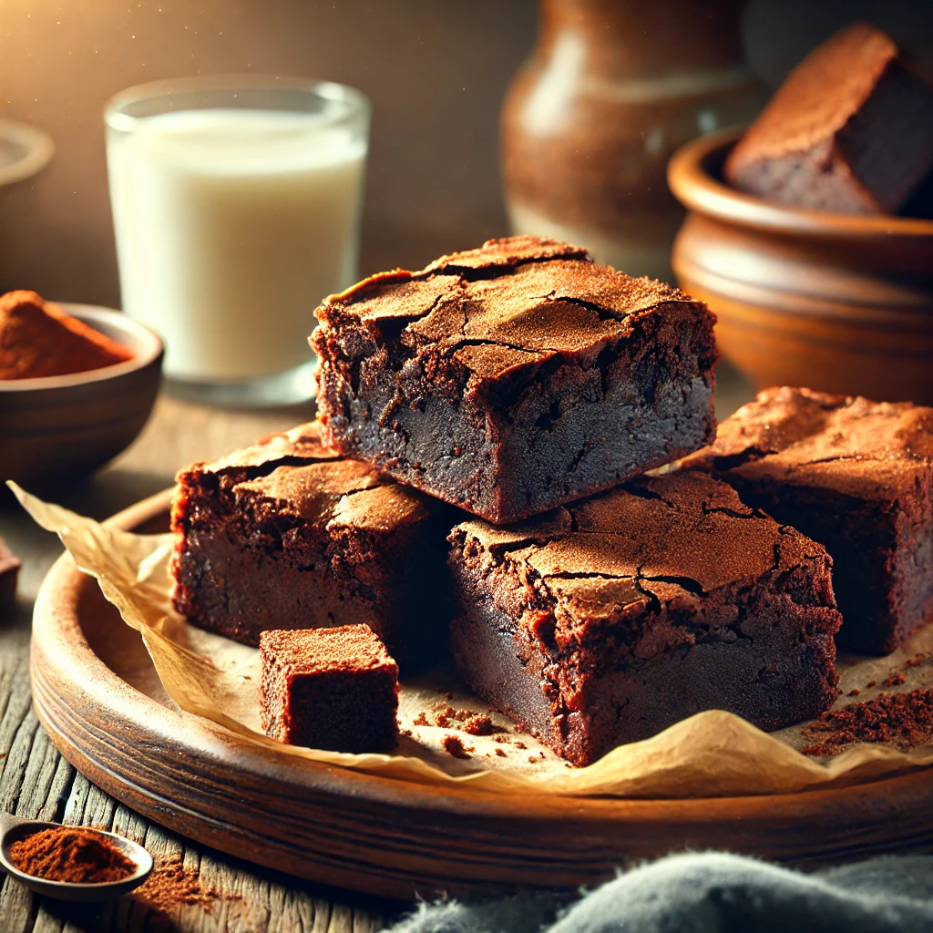 The Best Brownies on a rustic wooden platter, featuring rich, fudgy brownies with a crackly top and a moist, gooey interior. Lightly dusted with cocoa powder, set on a wooden table with a glass of milk and a bowl of extra cocoa powder in the softly blurred background.