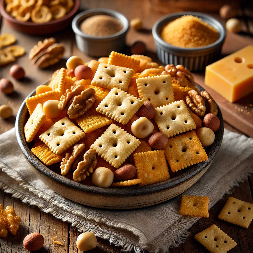 A crunchy Best-Ever Snack Mix featuring small square cheese crackers, corn cereal squares, walnuts, and peanuts, coated in a buttery Worcestershire seasoning. The mix is served in a rustic ceramic bowl on a wooden table, with a few scattered pieces around. A small dish of extra Romano cheese and a linen napkin complete the cozy setting. Warm, natural lighting enhances the inviting textures and golden hues.