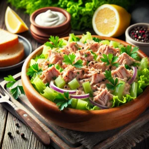 A bowl of the best tuna salad on a rustic wooden table, featuring flaky tuna mixed with crisp celery, red onion, and fresh parsley in a creamy dressing. Garnished with lemon slices and black pepper, the salad is served in a wooden bowl with a side of toasted bread, a small dish of mayonnaise, and fresh lettuce leaves. Soft natural lighting enhances the fresh, inviting tones.