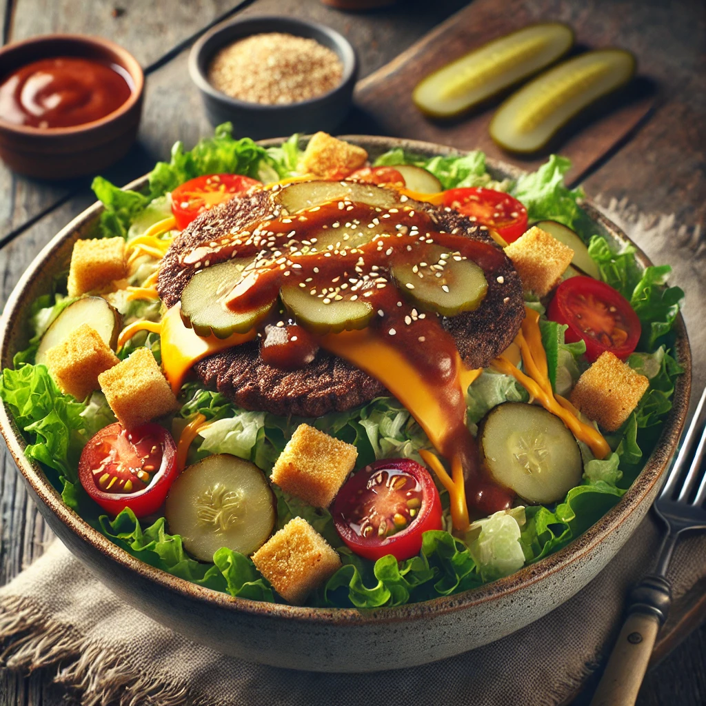 A hearty Big Mac cheeseburger salad on a rustic wooden table, featuring crisp lettuce, seasoned ground beef, shredded cheddar cheese, diced pickles, cherry tomatoes, and sesame seed croutons, all drizzled with a special burger sauce. A few pickle slices and a sprinkle of sesame seeds add extra detail. The salad is served in a large bowl, accompanied by a small dish of dressing and a fork. Soft natural lighting enhances the warm, inviting tones.