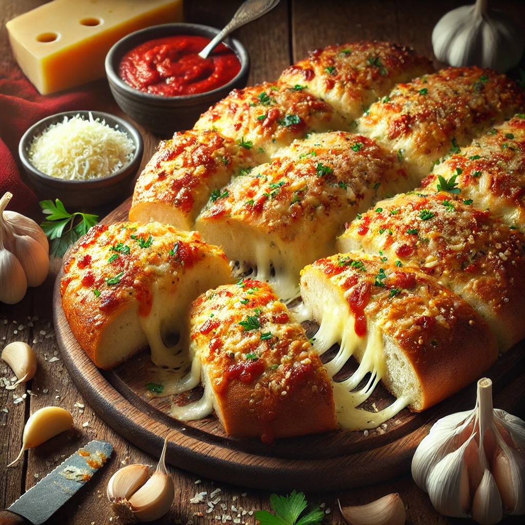 Slices of Black Angus-style garlic cheese bread sit on a wooden serving board on a rustic wooden table. The bread is golden brown with a crispy crust, topped with melted cheese, minced garlic, and fresh parsley. A small bowl of marinara sauce for dipping is placed beside the bread. Scattered garlic cloves, parsley sprigs, and grated cheese enhance the cozy, homemade presentation. Soft natural light highlights the melted cheese and crunchy texture, creating an appetizing and warm atmosphere.