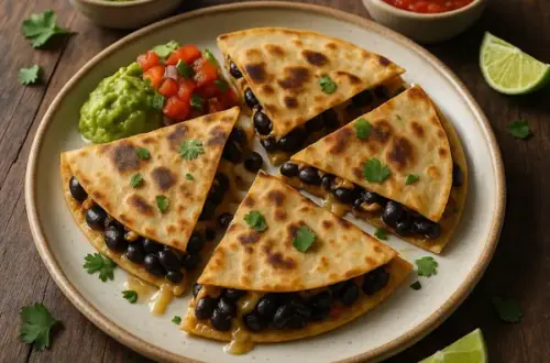 A 600×600 photoreal pesto-style image—golden pan-toasted black bean quesadillas cut into wedges on a matte off-white ceramic plate, with melted vegan cheese peeking out, scattered cilantro, and natural crumbs; served with guacamole, pico de gallo, salsa, and lime wedges; shallow depth-of-field, softly bright side/back light; on the same rustic plank wooden table as the reference; no text on the image.