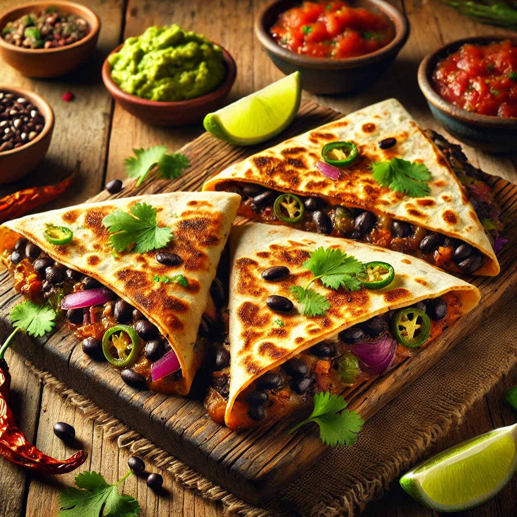 Crispy golden quesadillas filled with black beans, roasted green chiles, and vegan cheese, garnished with cilantro, served with bowls of guacamole and salsa, and lime wedges on a rustic wooden board.